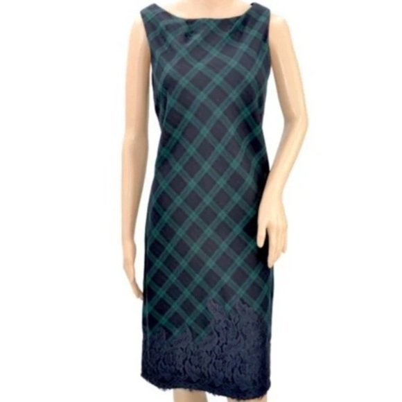 Talbots Wool Blend Green & Blackwatch plaid lace hem sleeveless sheath dress 14 - Picture 2 of 16